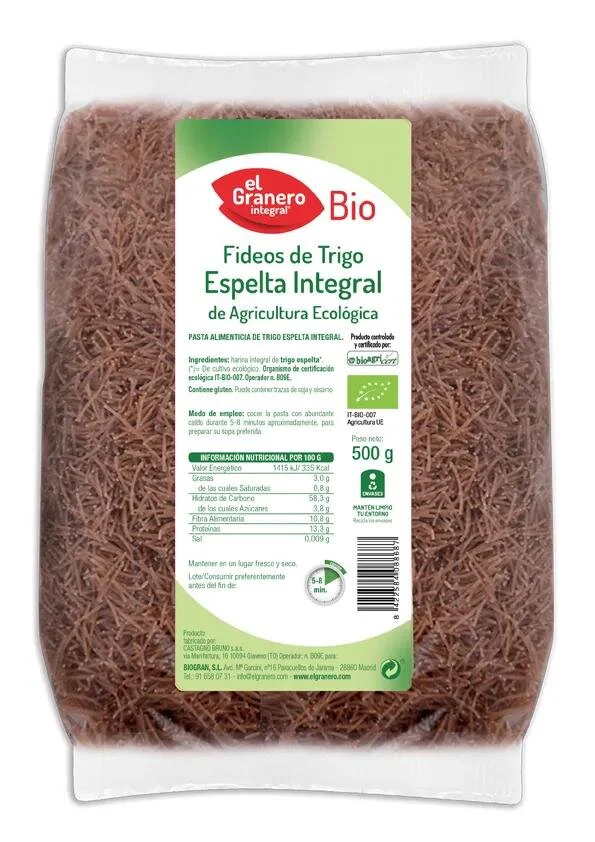 Granero Fideos Finos Espelta Integral Bio 500g